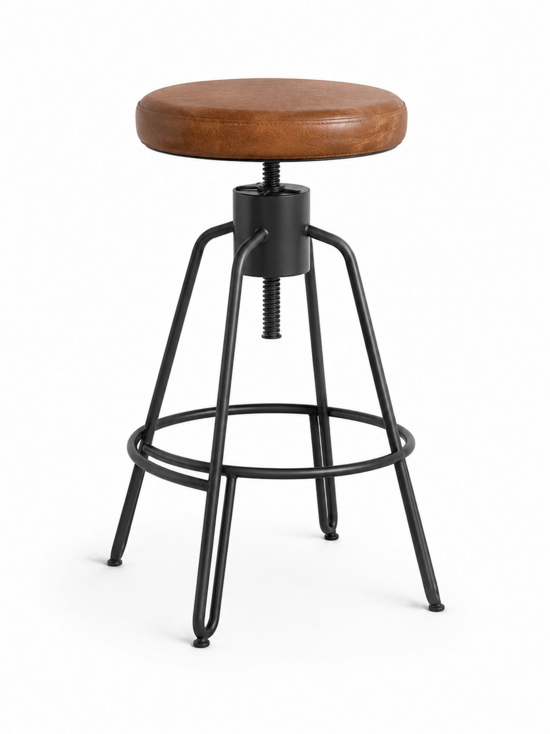 Taburete de metal y cuero sintético marrón ajustable