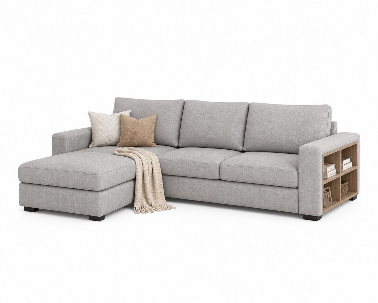Sofá esquinero con chaise longue y estantería, tela de lino gris