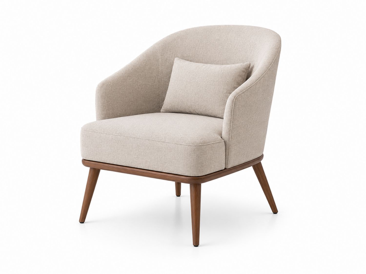 Sillón de lino beige con estructura de madera de nogal