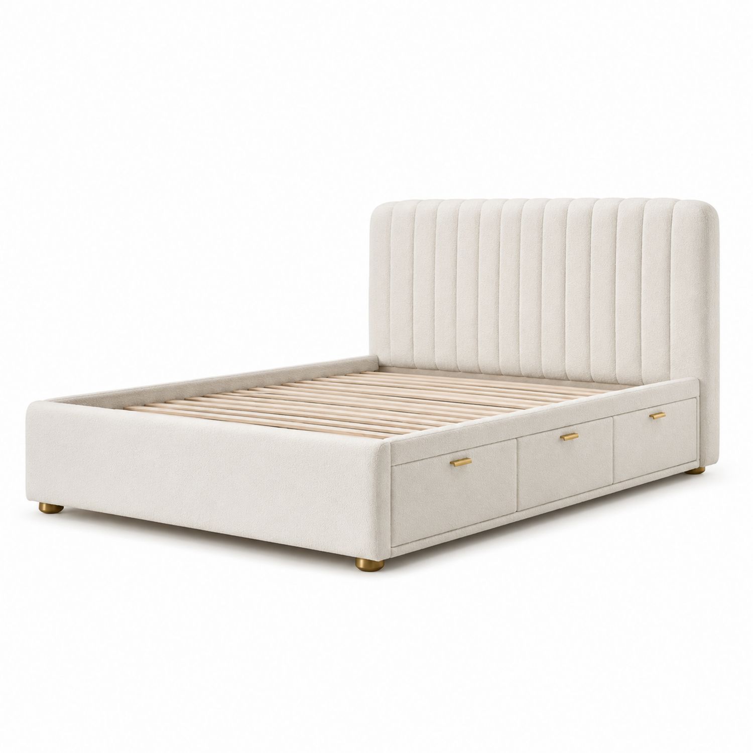 Cama de matrimonio con almacenamiento, tela beige