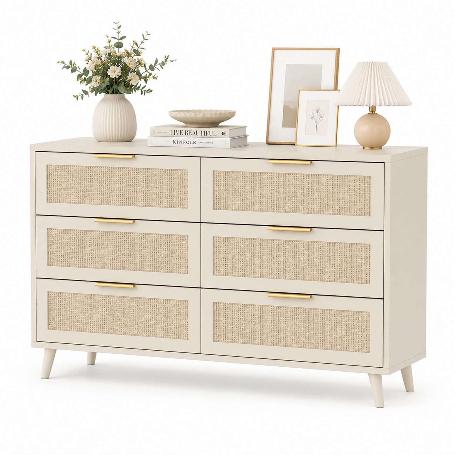Cómoda de 6 cajones de madera y ratán blanco