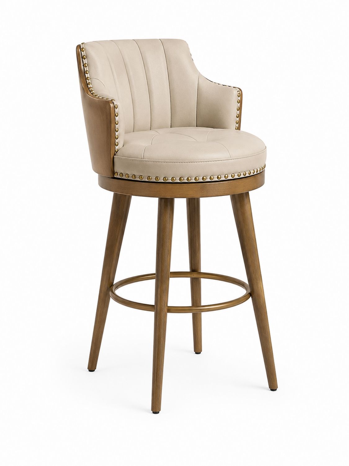 Taburete de madera con tapizado en cuero sintético beige