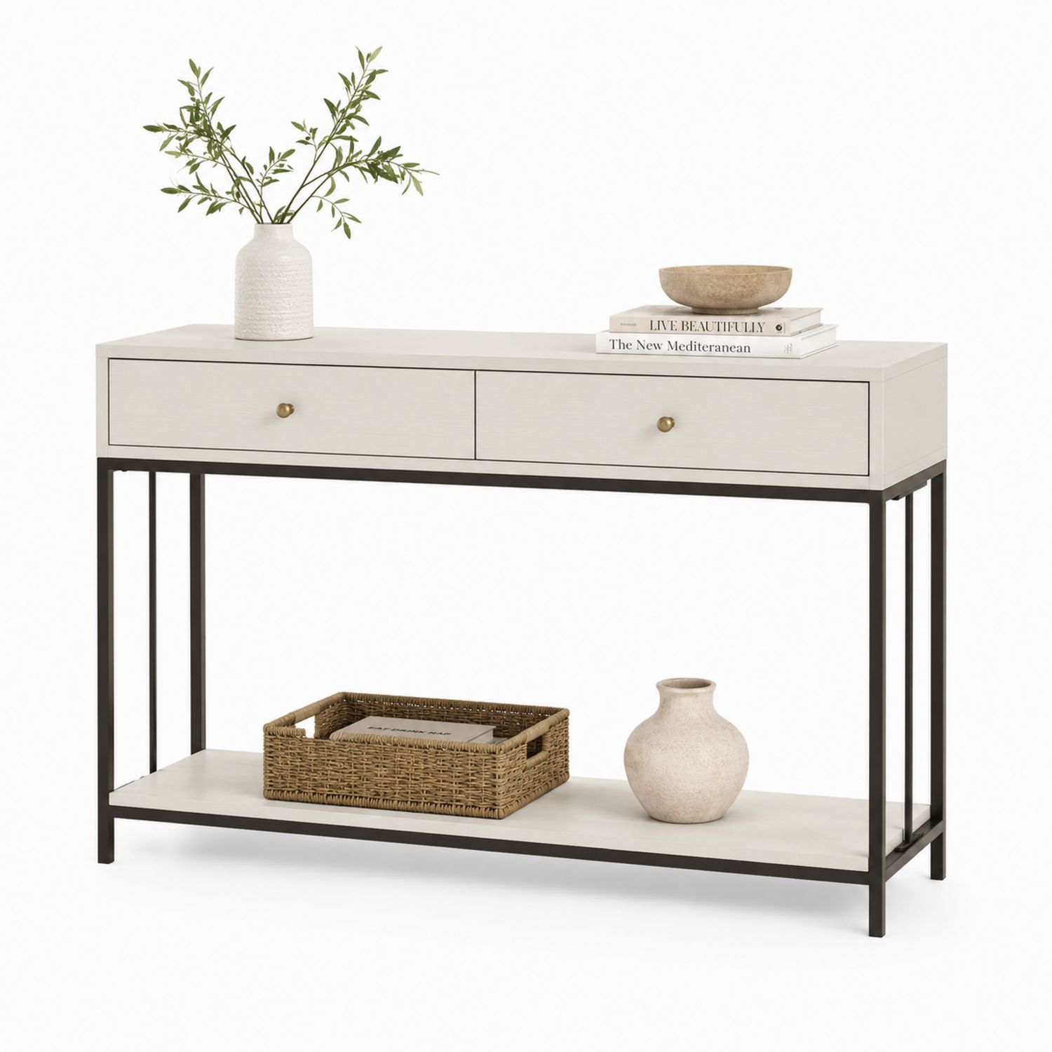Mesa consola de madera y metal con dos cajones, Blanco y Negro