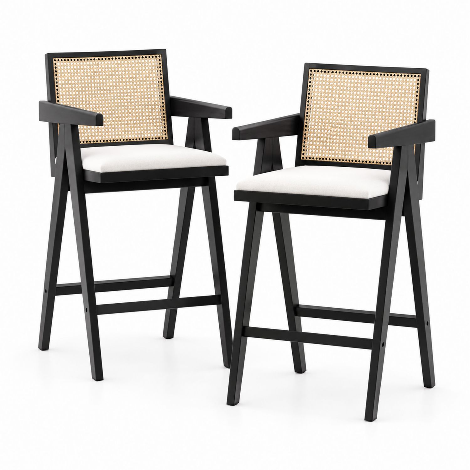 Juego de 2 Taburetes de Bar con Respaldo de Mimbre y Asiento de Poliéster Negro