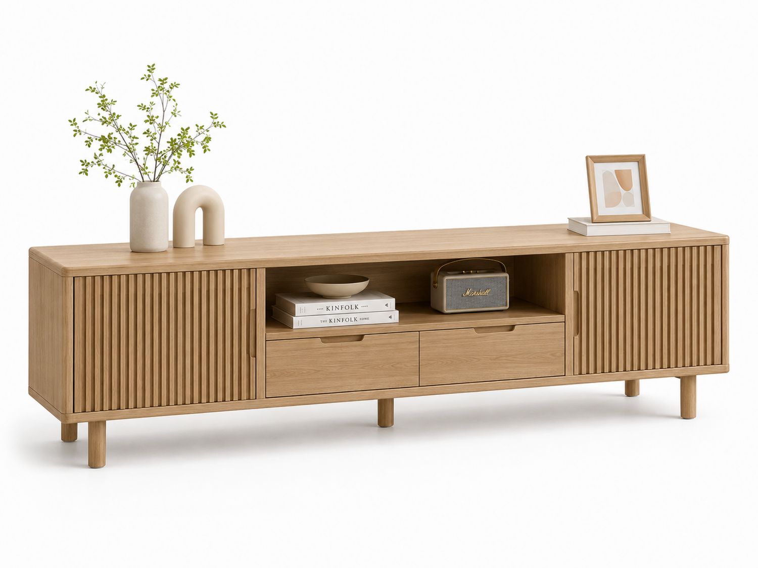 Mueble de TV de madera de roble con puertas y cajones