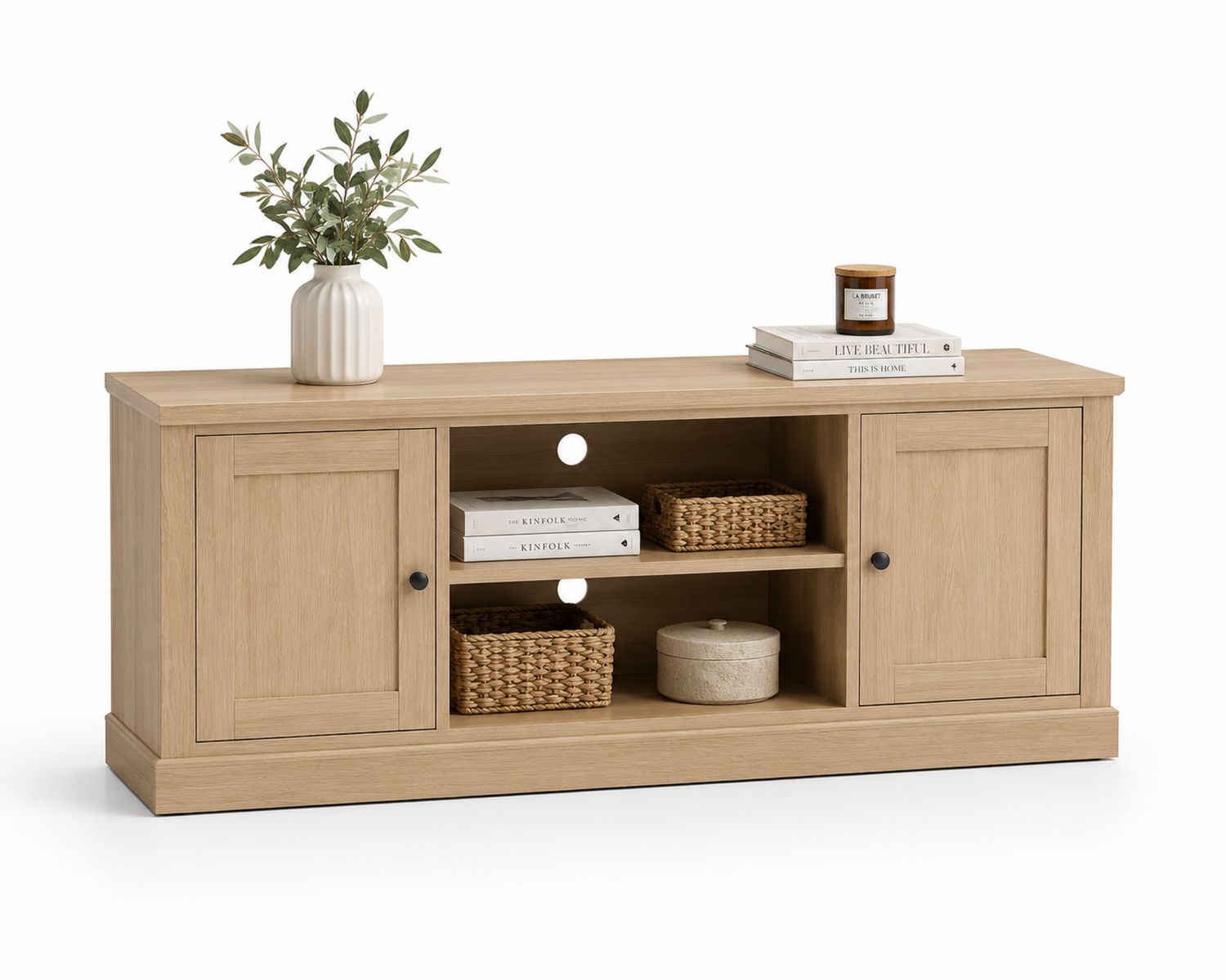 Mueble de TV de madera de roble con puertas y estantes 150x40x60 cm