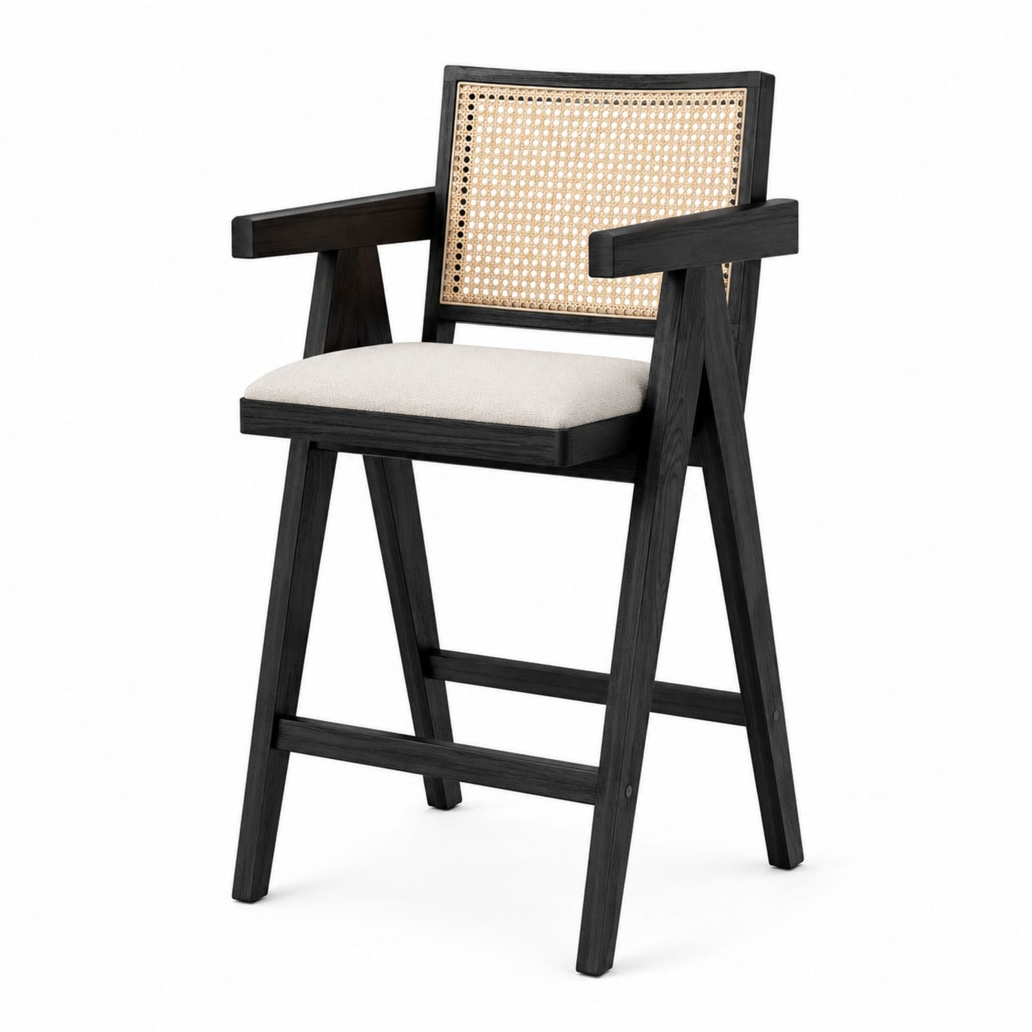 Taburete de Bar con Respaldo de Rattan y Asiento de Lino Blanco, Estructura de Madera Negra