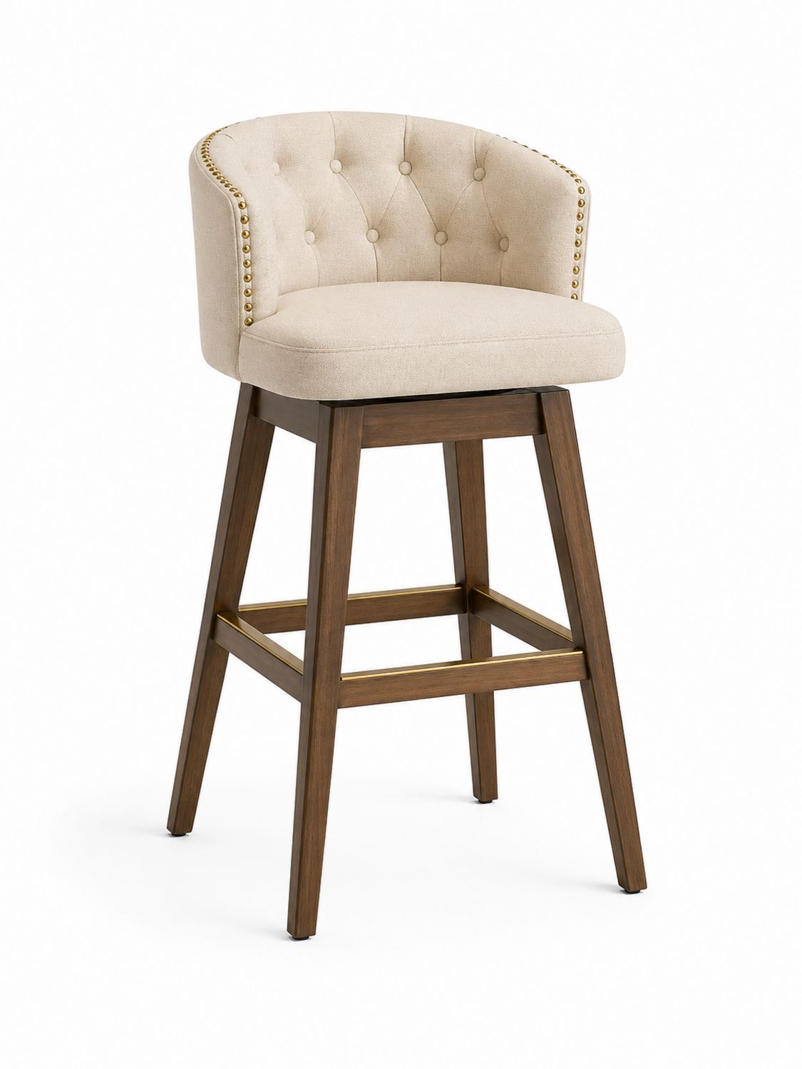 Taburete de Barra Tapizado en Beige con Estructura de Nogal