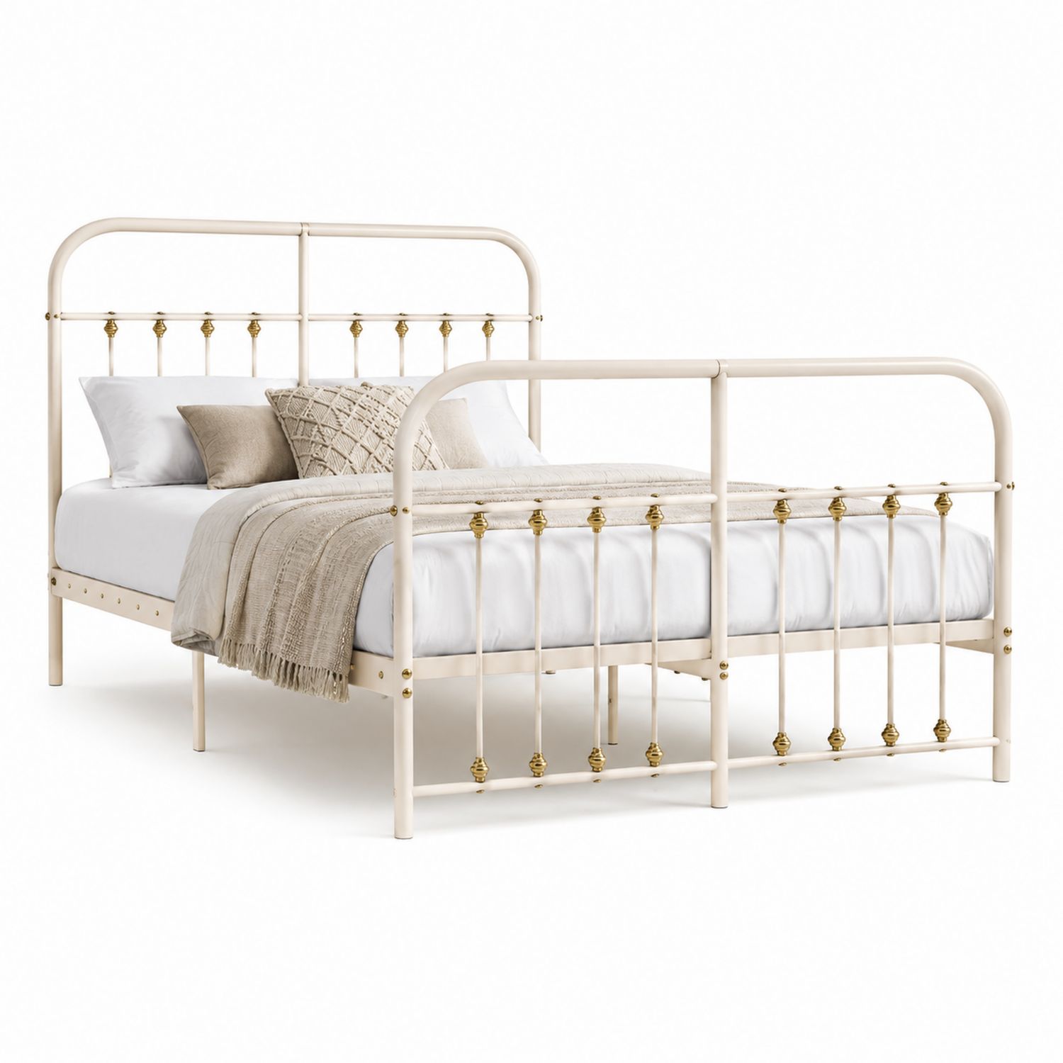 Cama de Metal Crema con Detalles Dorados y Almohadas Decorativas