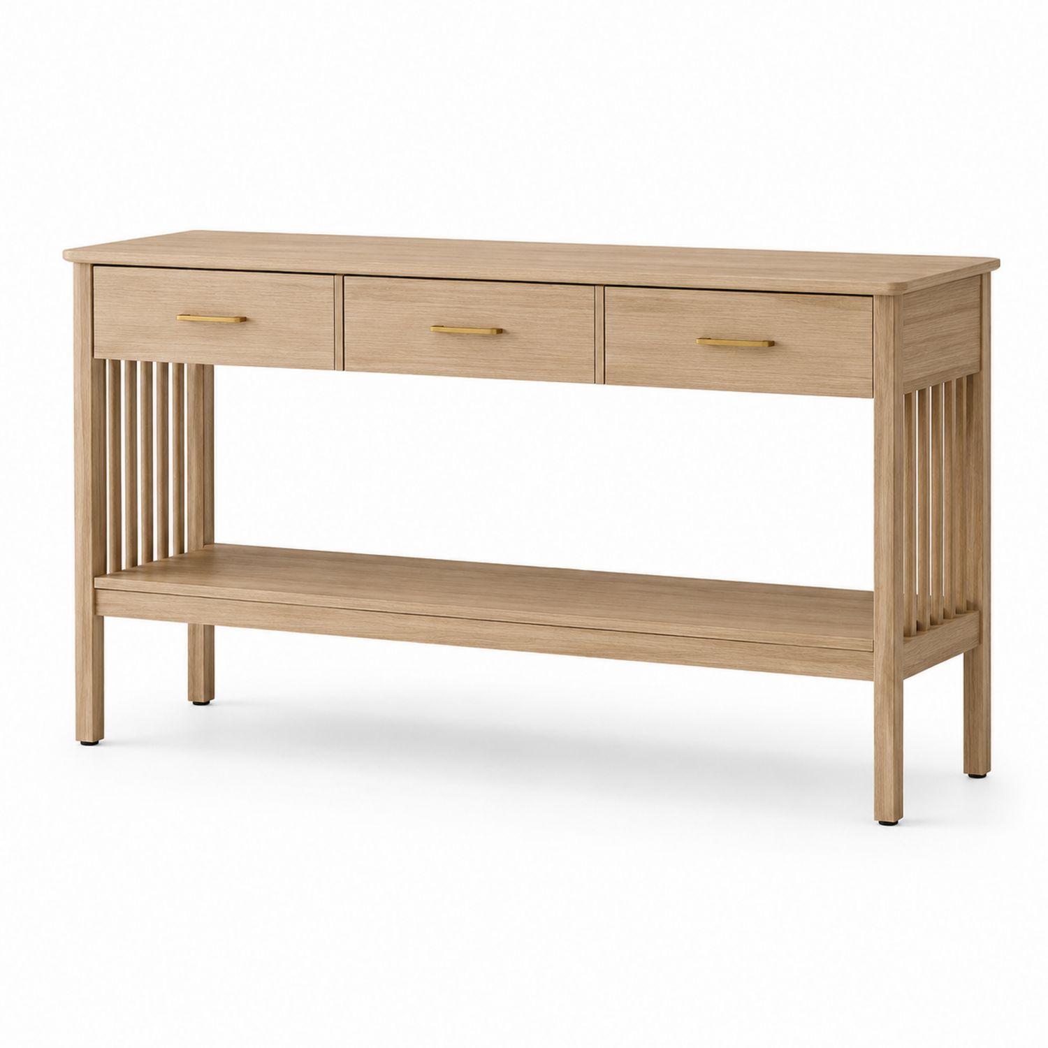 Consola de madera con tres cajones y estante