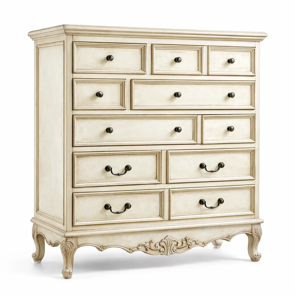 Cassettiera in Legno Massello Intagliato con 10 Cassetti Avorio-DREAMCOMFORTNOOK