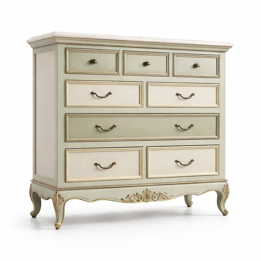 Cassettiera con 7 Cassetti in Legno e Marmo Beige/Verde-DREAMCOMFORTNOOK