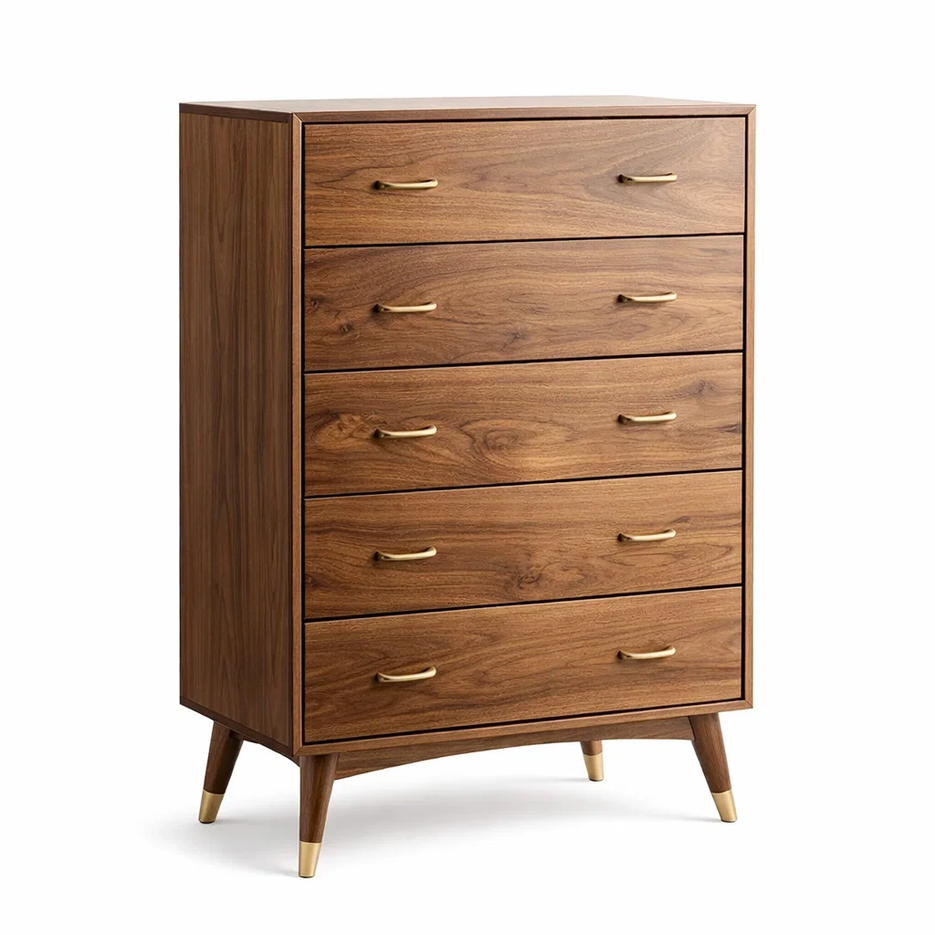Cassettiera in Legno di Noce con 5 Cassetti e Maniglie in Ottone-DREAMCOMFORTNOOK