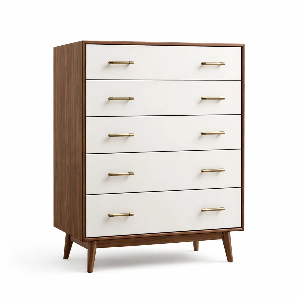 Cassettiera in Legno di Noce e Pannelli Bianchi a 5 Cassetti-DREAMCOMFORTNOOK