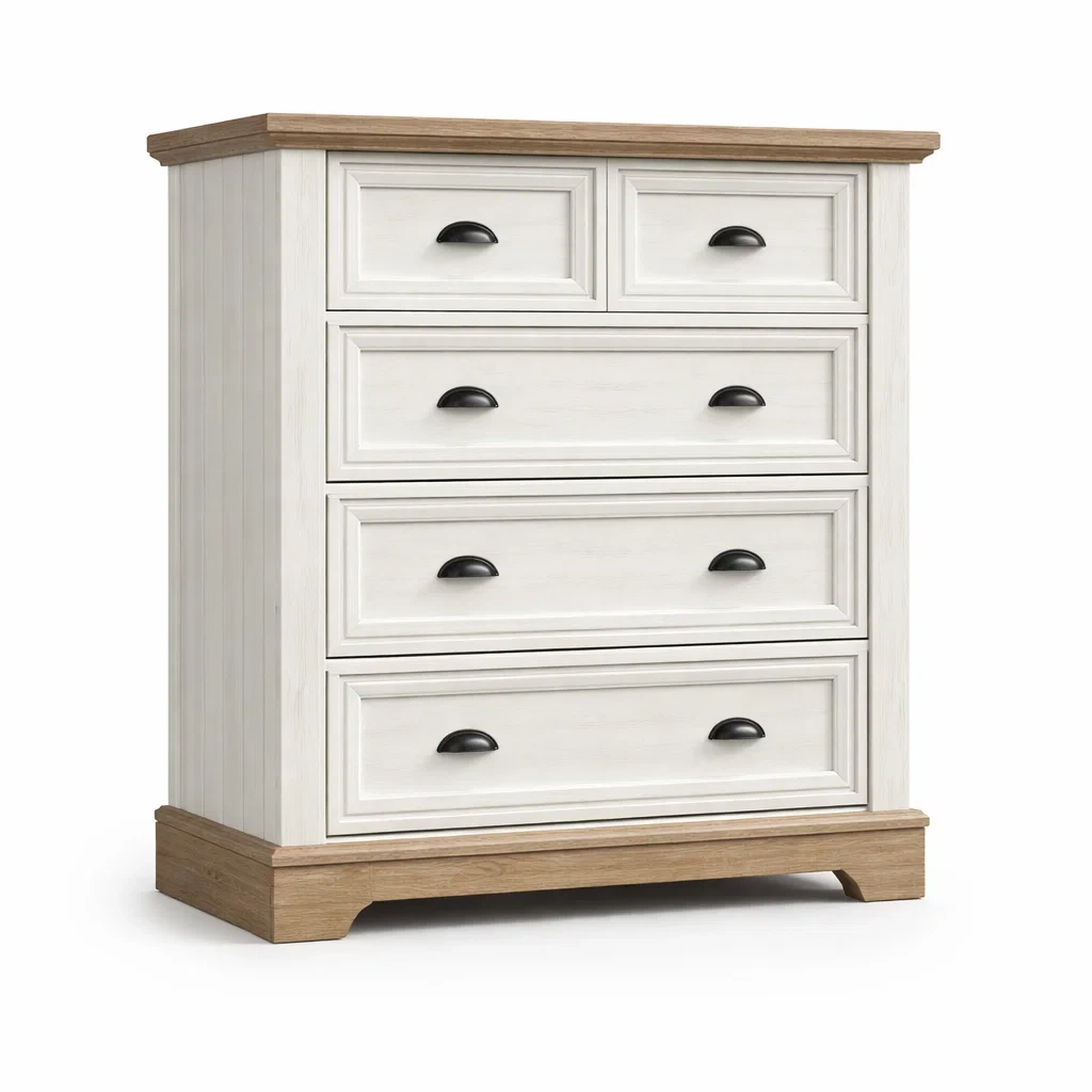 Cassettiera in Legno con Cinque Cassetti Bianco e Rovere-DREAMCOMFORTNOOK