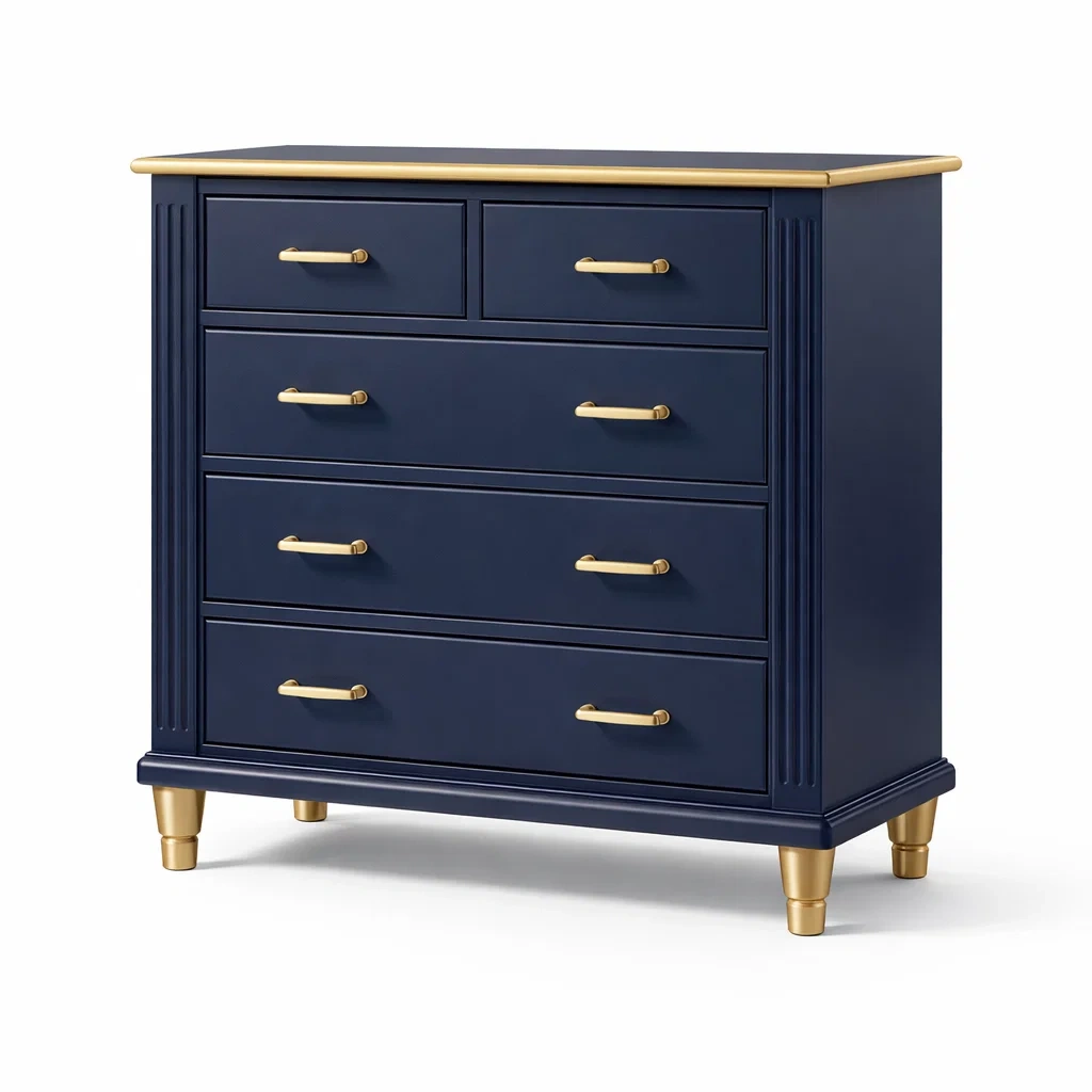 Cassettiera in legno con 5 cassetti blu e maniglie in metallo oro-DREAMCOMFORTNOOK