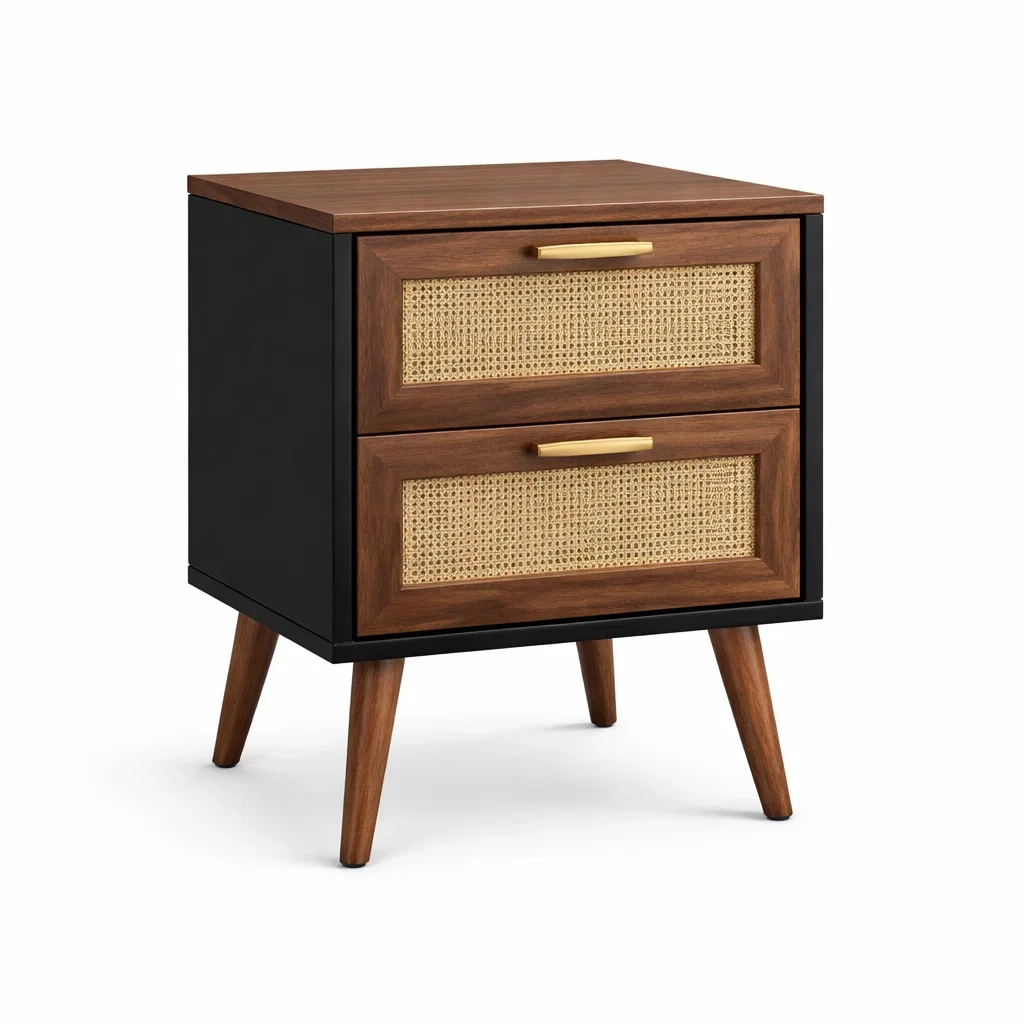 Comodino in legno e rattan con 2 cassetti, 45x35x60 cm, Marrone/Nero-DREAMCOMFORTNOOK