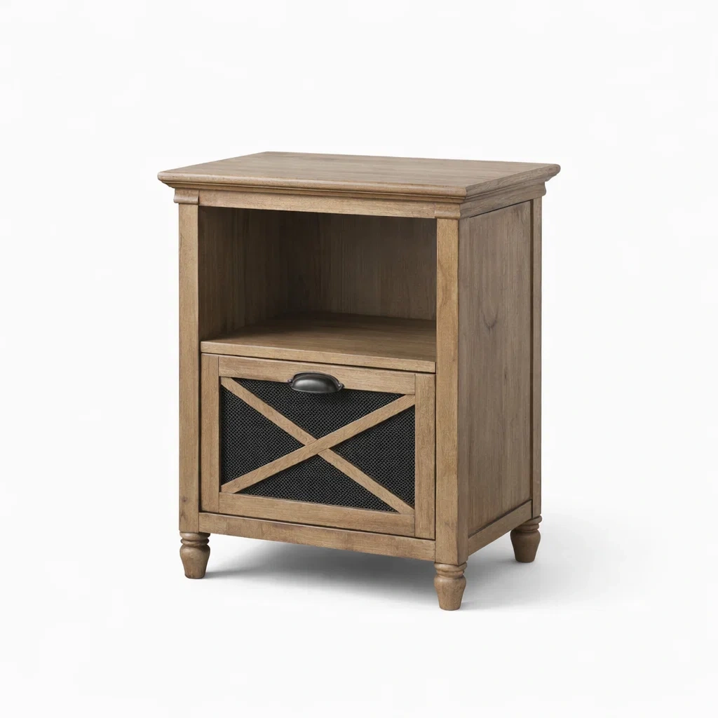 Comodino in Legno di Pino con Cassetto a Rete-DREAMCOMFORTNOOK
