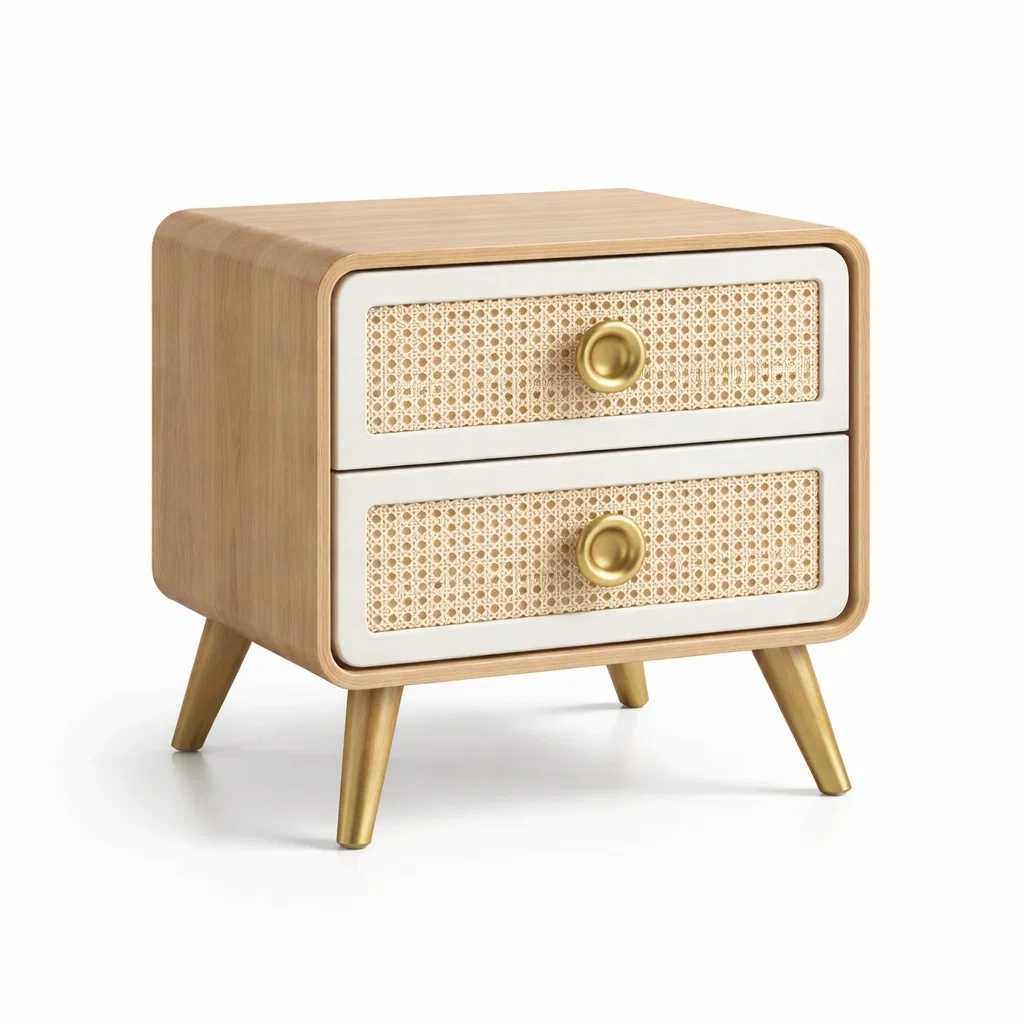 Comodino in Bamboo e Rattan con 2 Cassetti Beige-DREAMCOMFORTNOOK