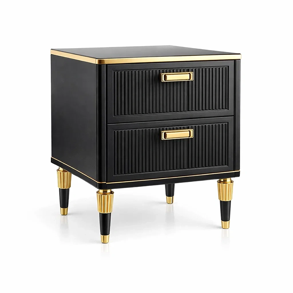 Comodino con Due Cassetti in Legno e Metallo Nero/Oro-DREAMCOMFORTNOOK