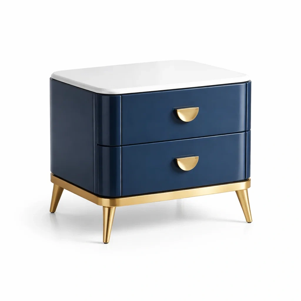 Comodino a due cassetti in MDF con gambe in metallo Blu e Bianco-DREAMCOMFORTNOOK