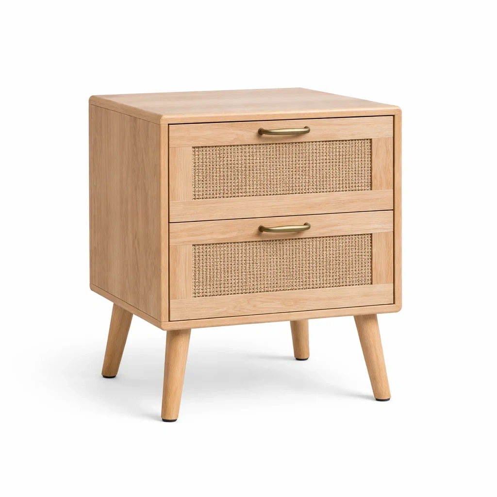 Comodino in Legno e Rattan con 2 Cassetti-DREAMCOMFORTNOOK