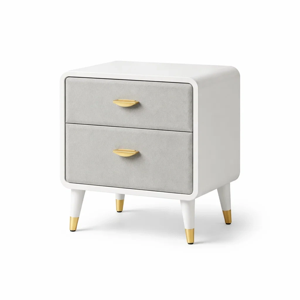 Comodino con 2 cassetti in legno, MDF, bianco e grigio, maniglie dorate-DREAMCOMFORTNOOK