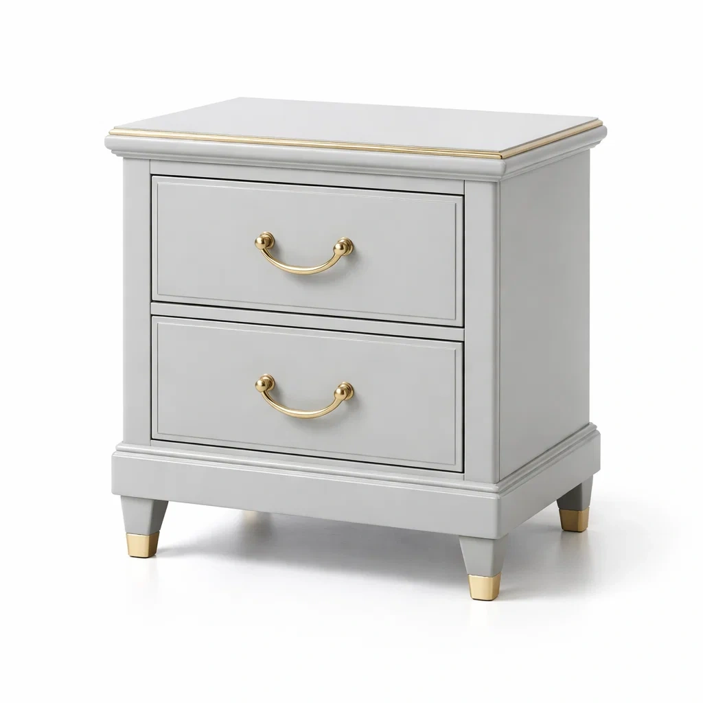 Comodino in Legno Grigio con Cassetti e Maniglie Dorate-DREAMCOMFORTNOOK