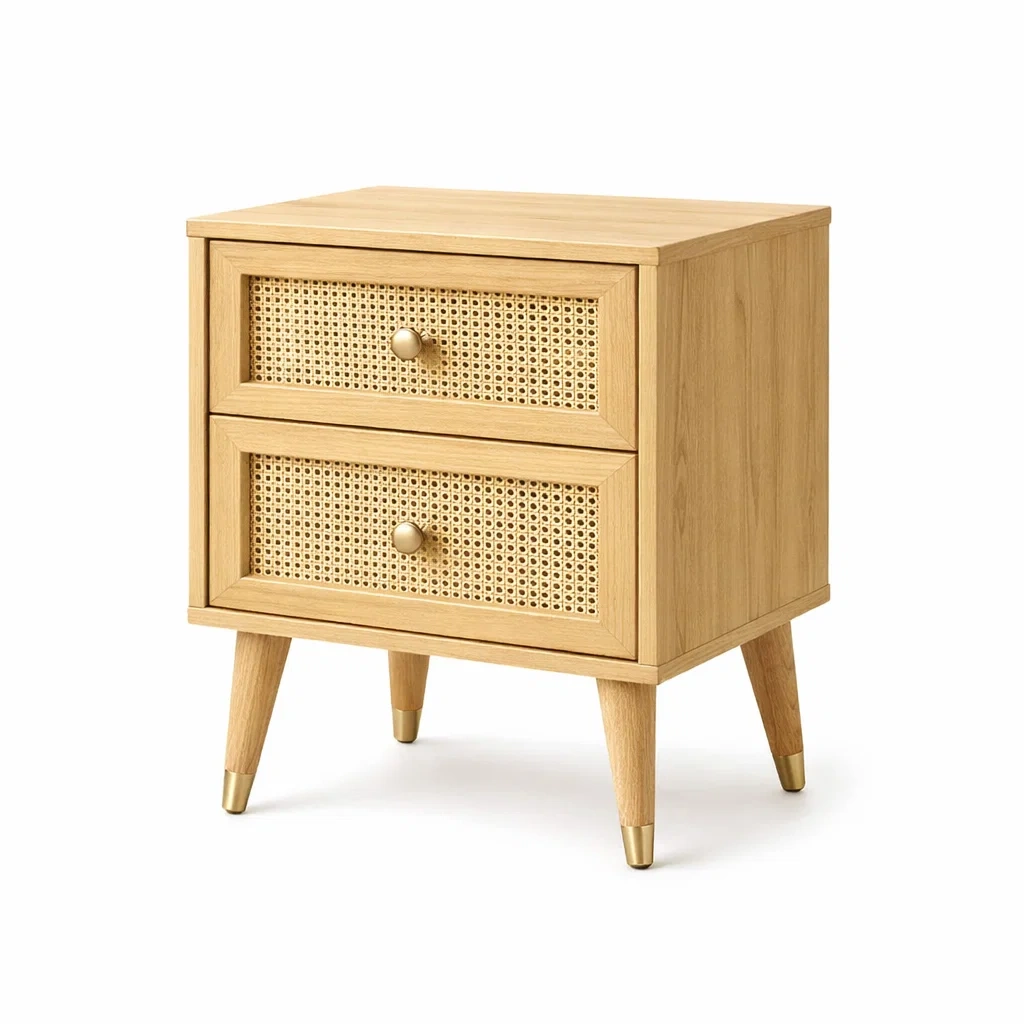 Comodino in Legno con Rete in Rattan e Dettagli in Metallo-DREAMCOMFORTNOOK