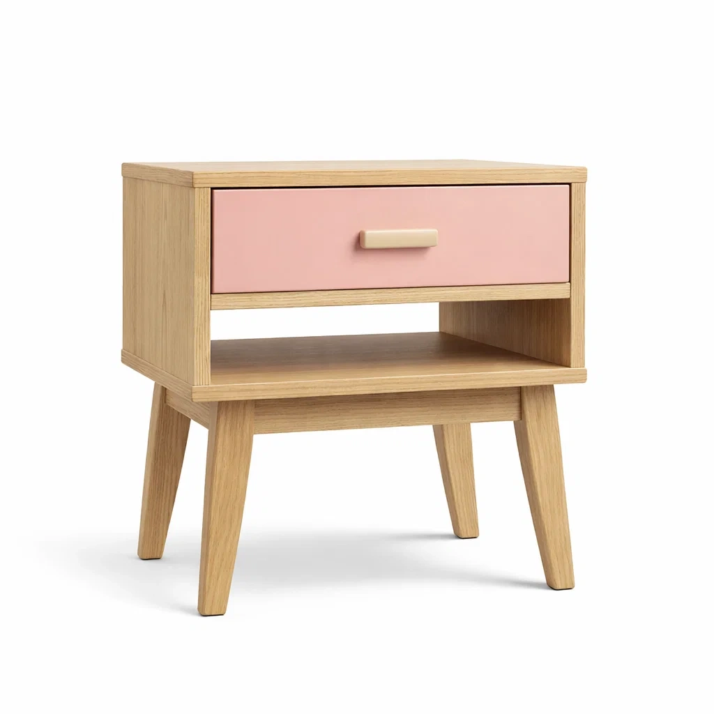 Comodino in legno di rovere con cassetto rosa-DREAMCOMFORTNOOK