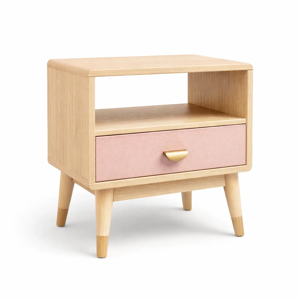 Comodino in Legno di Rovere e Tessuto Rosa-DREAMCOMFORTNOOK