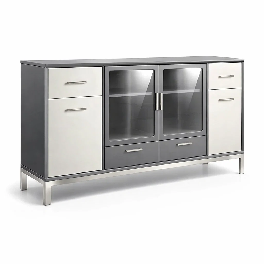 Credenza in Metallo con Ante in Vetro Temperato Grigio e Bianco-DREAMCOMFORTNOOK