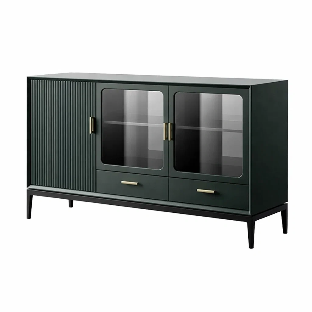Credenza in Legno con Ante in Vetro Temperato e Cassetti Verde Scuro-DREAMCOMFORTNOOK