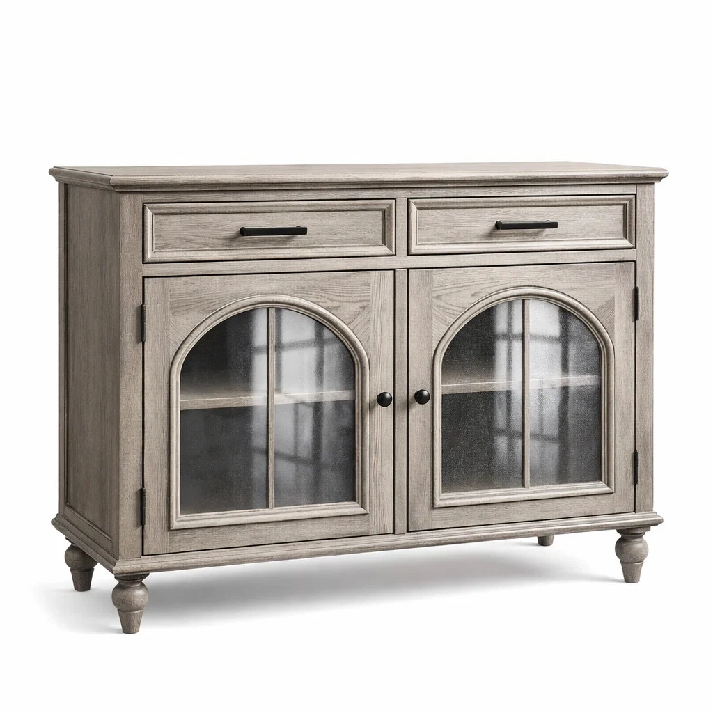 Credenza in Legno con Ante in Vetro Temperato Grigia-DREAMCOMFORTNOOK