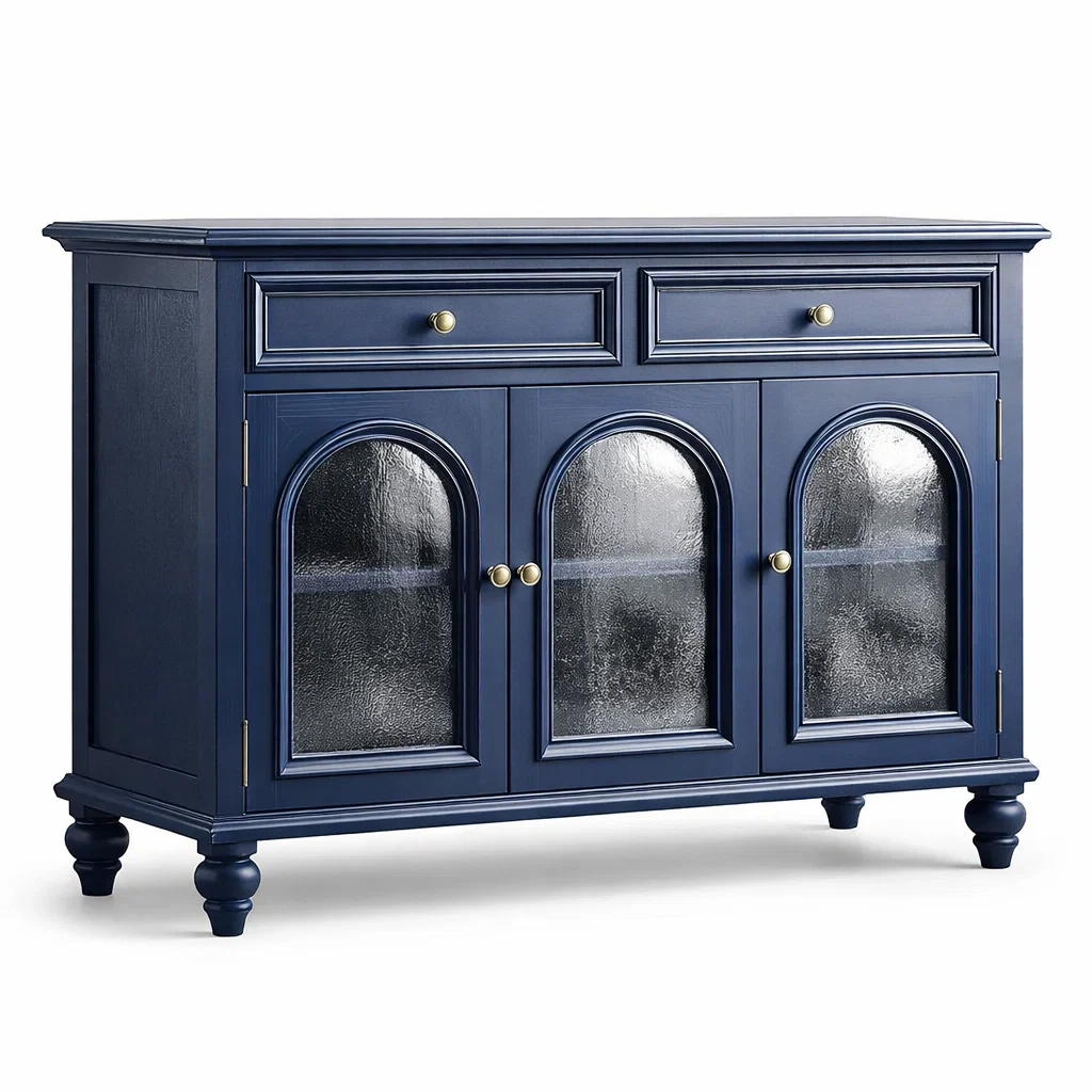 Credenza in Legno Blu con Ante in Vetro Testurizzato-DREAMCOMFORTNOOK