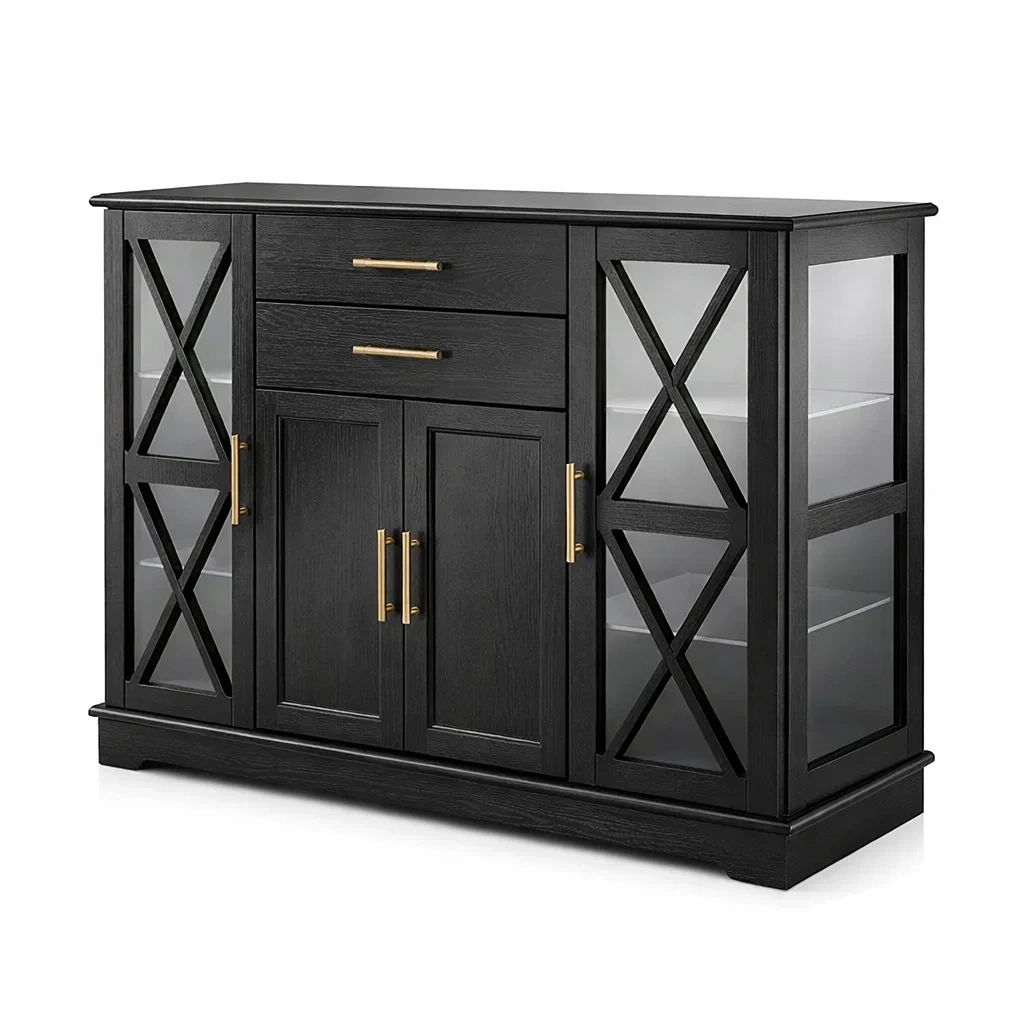 Credenza in Legno Nero con Ante in Vetro Temperato-DREAMCOMFORTNOOK