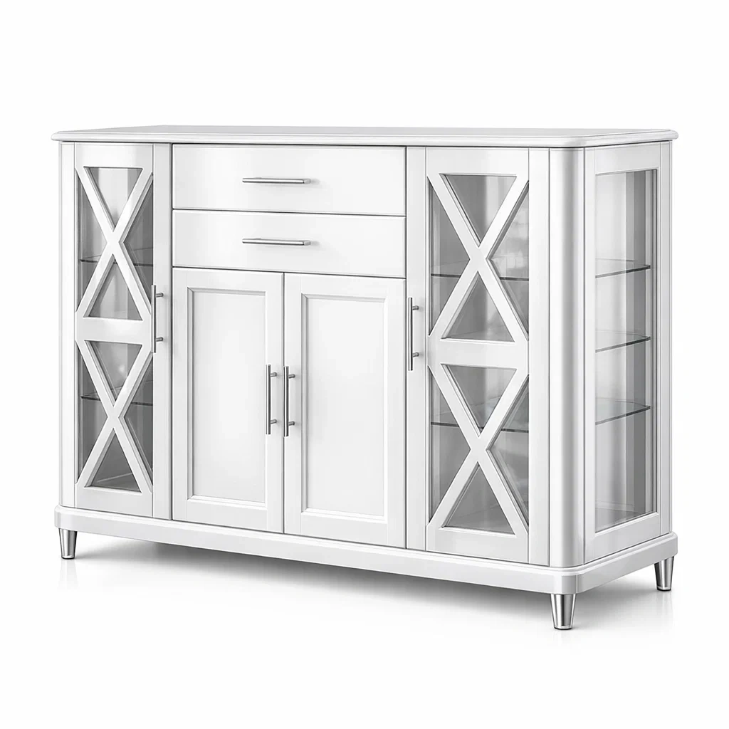 Credenza in Legno con Ante in Vetro e Cassetti Bianco-DREAMCOMFORTNOOK