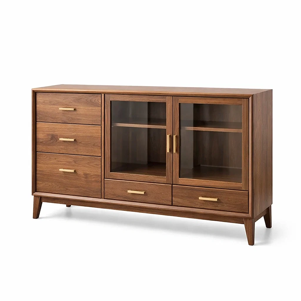 Credenza in Legno con Ante in Vetro Temprato e Cassetti, Marrone-DREAMCOMFORTNOOK