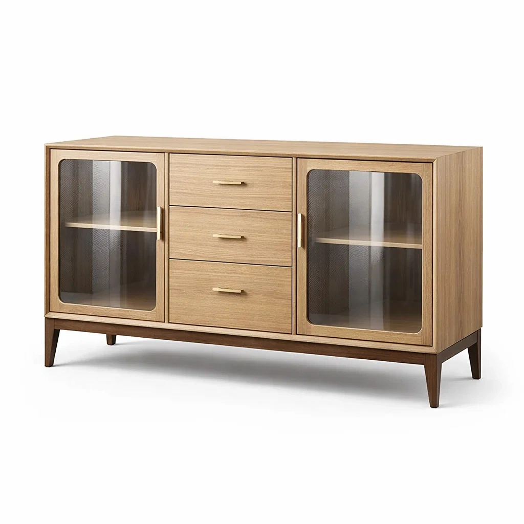 Credenza in legno con ante in vetro temperato e cassetti-DREAMCOMFORTNOOK