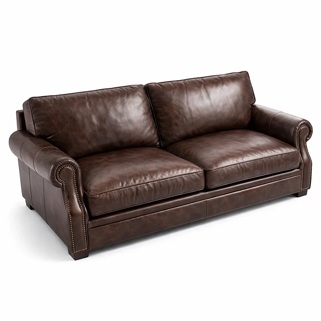 Divano in Pelle Marrone con Dettagli in Borchie-DREAMCOMFORTNOOK