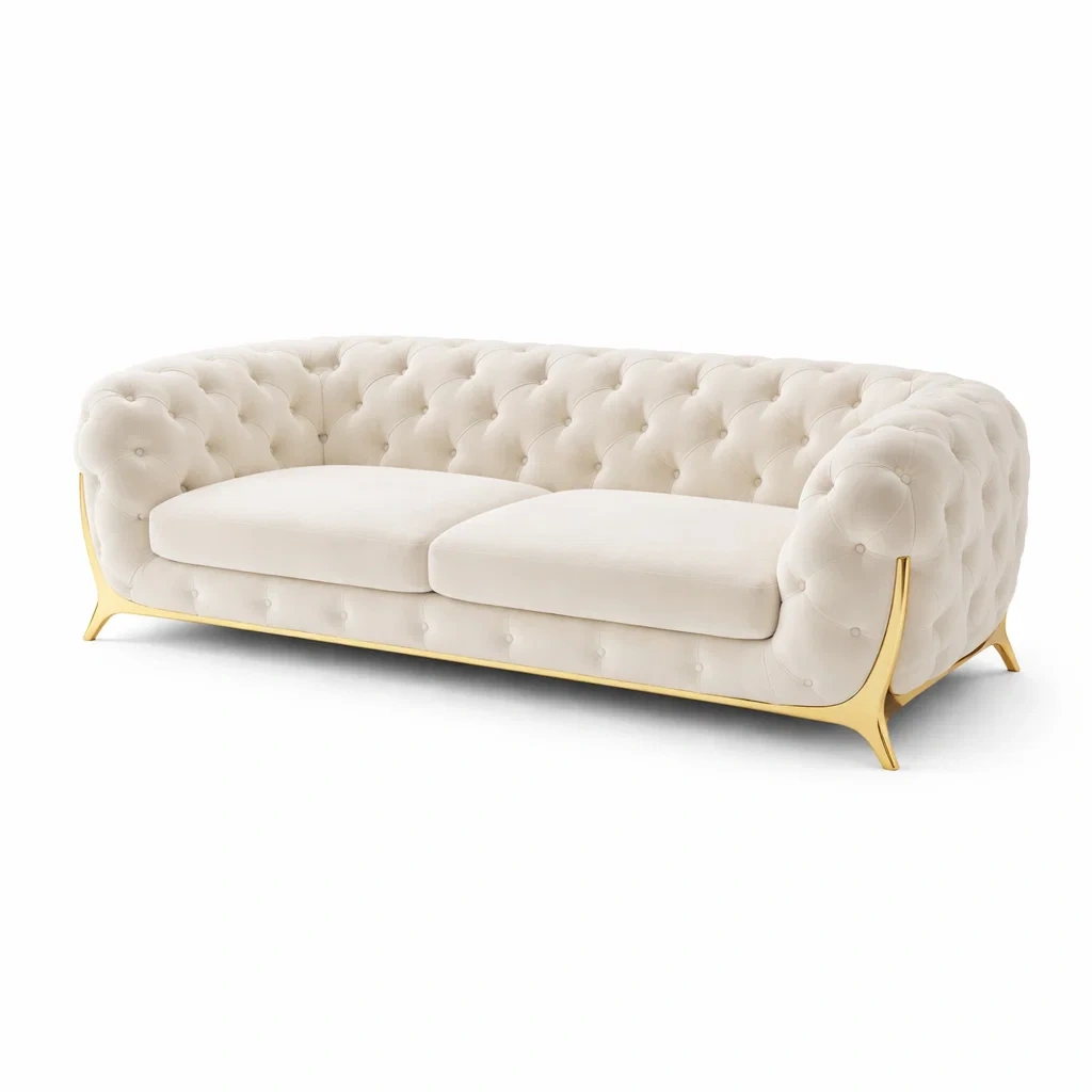 Divano in velluto crema con base in metallo dorato-DREAMCOMFORTNOOK