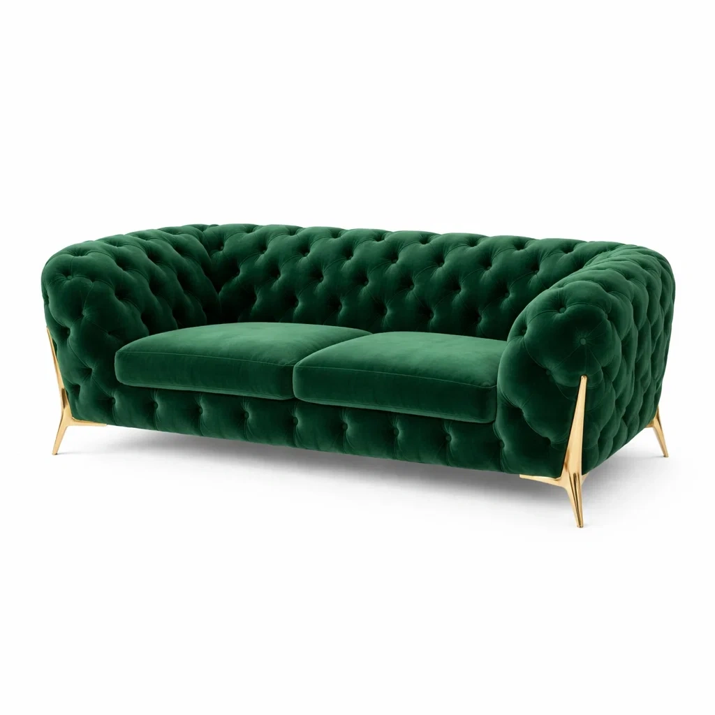 Divano in Velluto Verde con Gambe in Metallo Dorato-DREAMCOMFORTNOOK