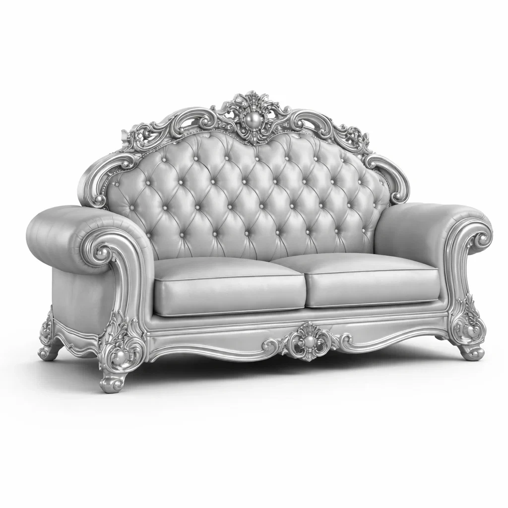 Divano in Pelle Sintetica Argento con Intarsi Decorativi-DREAMCOMFORTNOOK
