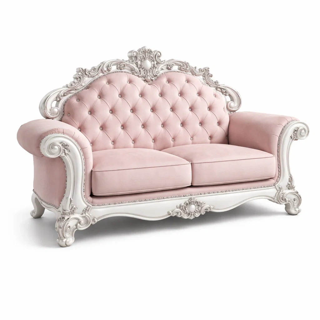 Divano in Velluto Rosa con Dettagli Intagliati-DREAMCOMFORTNOOK