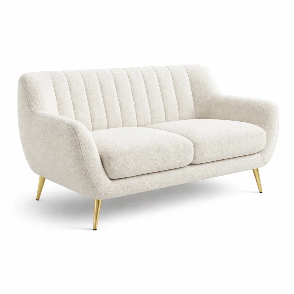 Divano a 2 posti in tessuto bouclé beige con gambe in metallo dorato-DREAMCOMFORTNOOK
