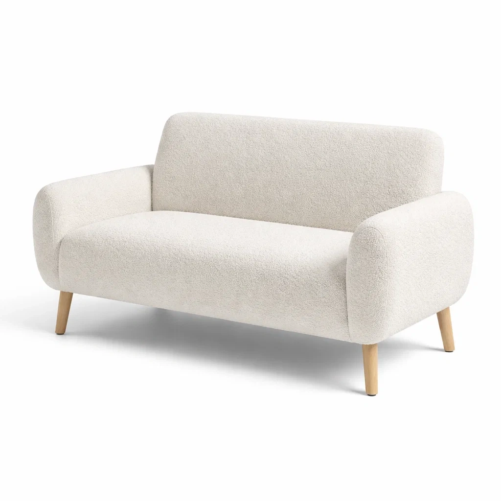 Divano a 2 posti in tessuto bouclé bianco con gambe in legno-DREAMCOMFORTNOOK