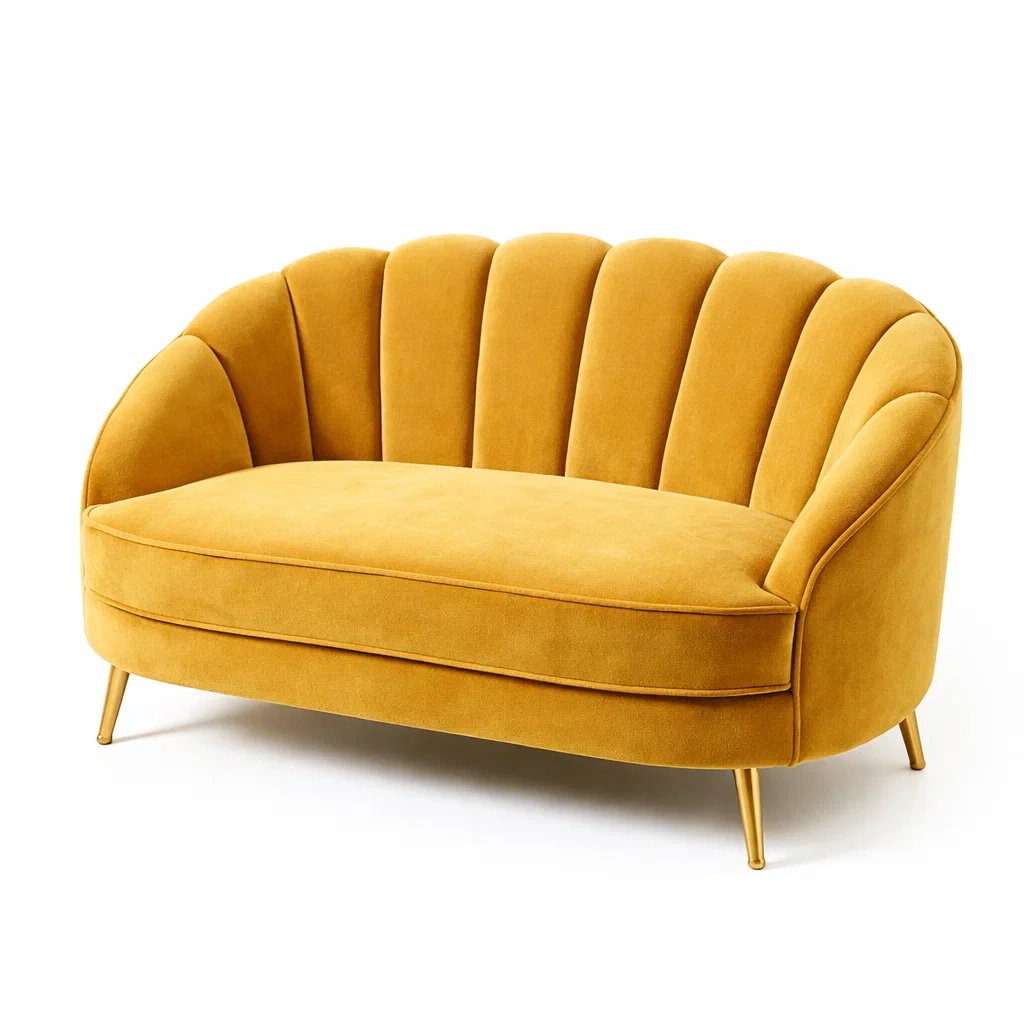 Divano due posti in velluto giallo con gambe in metallo-DREAMCOMFORTNOOK