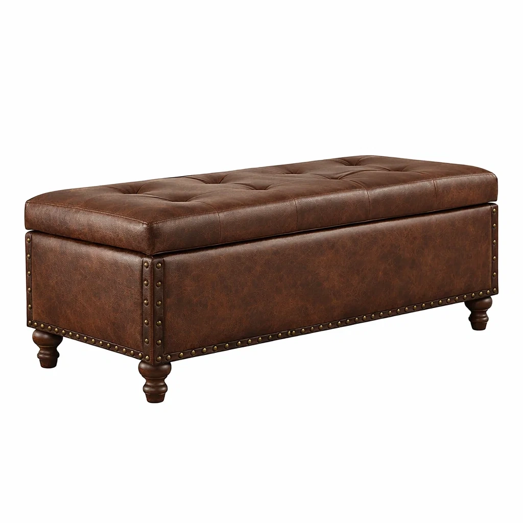 Panca Contenitore in Finta Pelle Marrone con Gambe Tornite-DREAMCOMFORTNOOK
