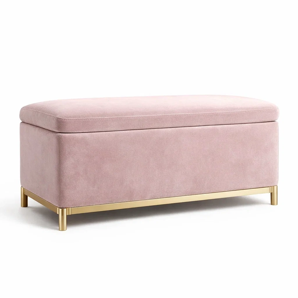 Panca contenitore in velluto e metallo rosa-DREAMCOMFORTNOOK