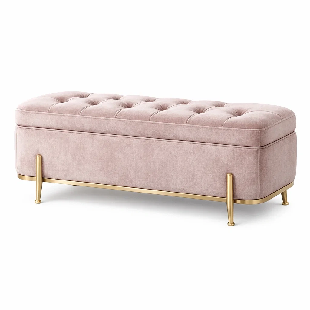 Panca contenitore velluto rosa con gambe in metallo-DREAMCOMFORTNOOK